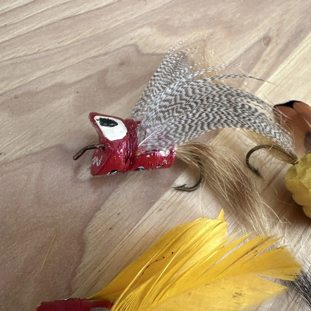 Vtg Handmade Fly Fishing Cork Popper Lures Lot of 5 Feathers Horsehair (1)